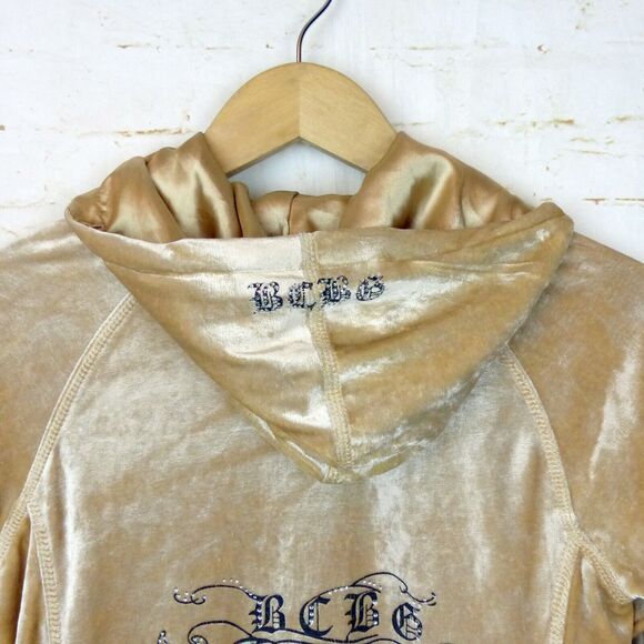 Vtg BCBGMAXAZRIA Y2K Velour Hoodie Track Jacket M Beige Rhinestone Graphic Flame - Picture 12 of 15